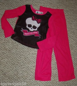 Girls Pajama Set MONSTER HIGH Flannel BLACK PINK Skull Bow XS 4-5 S 6-6X M 7-8 - Picture 1 of 2