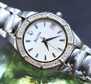 Modern BULOVA Quartz Pearl Dial 16 Diamond's Women's Watch W/ Original Bracelet - Picture 1 of 3