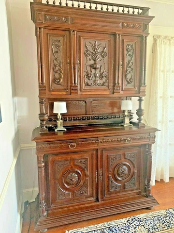 LARGE Antique 19th Cent Oak Buffet & Hutch French Renaissance HenryII,  7.3 Feet Cover