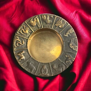 Vintage Chinese Zodiac Astrological Brass Ashtray Bowl Made In Korea 5 1/2 Inch - Picture 1 of 8