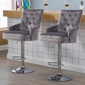 XL Swivel Velvet Bar Stools Adjustable Counter Dining Chair Office Pub Arm Seat - Picture 1 of 23