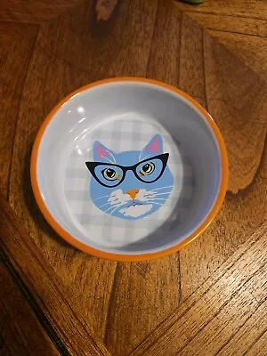 Whisker City Cat w Glasses Food or Water Bowl Dish Nerdy Cat Hipster Kitty - Image 1 of 4