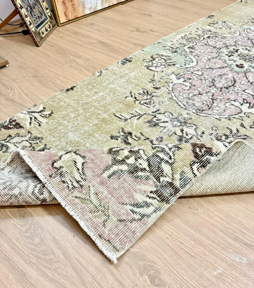 Alfombra Oushak Runner Turca 3x9 Vintage, Verde Caqui, Lana Hecha a Mano, Alfombra Bohemia Foto 1 de 4