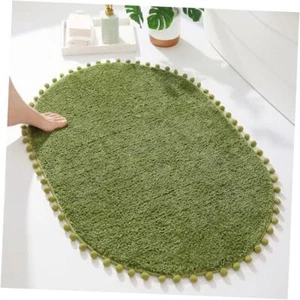 Bath Mat Oval Rug with Pom Bathroom Rugs for Bedroom Non 24x36in Olive Green - Picture 1 of 8