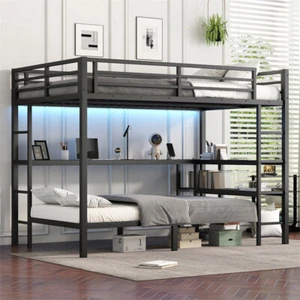 FULL XL Over Twin Size Metal LED Bunk Bed Multiple Placement with Desk & Shelves - Picture 1 of 15