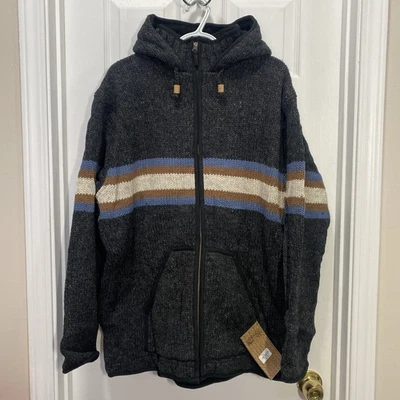 NWT Lost Horizons Sweater Hoodie Mens XL Brown Black Wool Fleece Lined Zip Nepal - Image 1 of 4