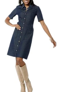 Nina Leonard Women's Stretch Denim Fit-and-Flare Shirtdress Indigo - Picture 1 of 1