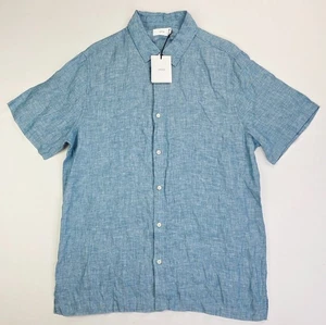 Onia Sz Large Mens Blue Ocean Linen Short Sleeve Logo Tag Samuael Chambray Shirt - Picture 1 of 11