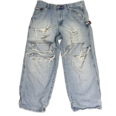 Jeans de Carpintero Tommy Hilfiger De Colección Y2K Golpeados 36x29 Azul Suelto Pierna Ancha Foto 1 de 4