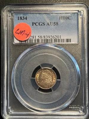 MEDIA MONEDA DE DIEZ CENTAVOS BUSTO TAPADO 1834. PCGS AU58, HERMOSO TONO, GOLPE AGUDO, BRILLO LM-4 Foto 1 de 4