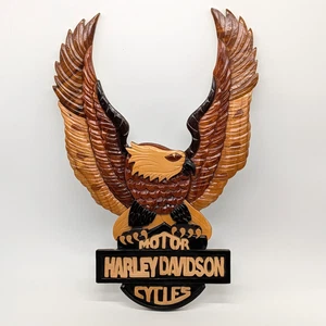 VTG Harley Davidson Intarsia Wood Eagle Sign Wall Art 11x16 Rustic Motorcycle - Picture 1 of 7