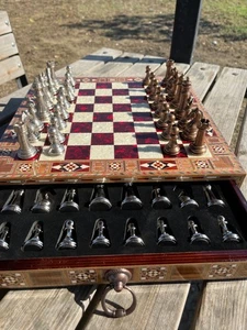 Luxury Handmade Chess Set - Metal Pieces, Pearl Inlay Red Board, 2 Drawer Box - Picture 1 of 10