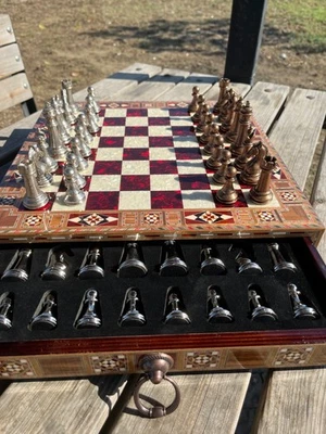 Luxury Handmade Chess Set - Metal Pieces, Pearl Inlay Red Board, 2 Drawer Box - Image 1 of 4