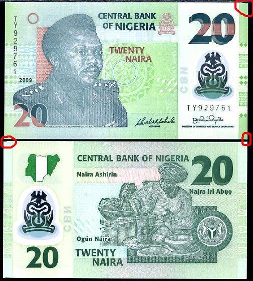NIGERIA 20 NIARA P34 2009 POLYMER MAJOR *ERROR* UNC MONEY BILL BANK NOTE - Image 1 of 1