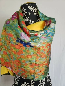 Women's Wrap Shawl 100% Silk 60" 19.5" Spring Flowers Floral Oversize Buttons - Picture 1 of 9