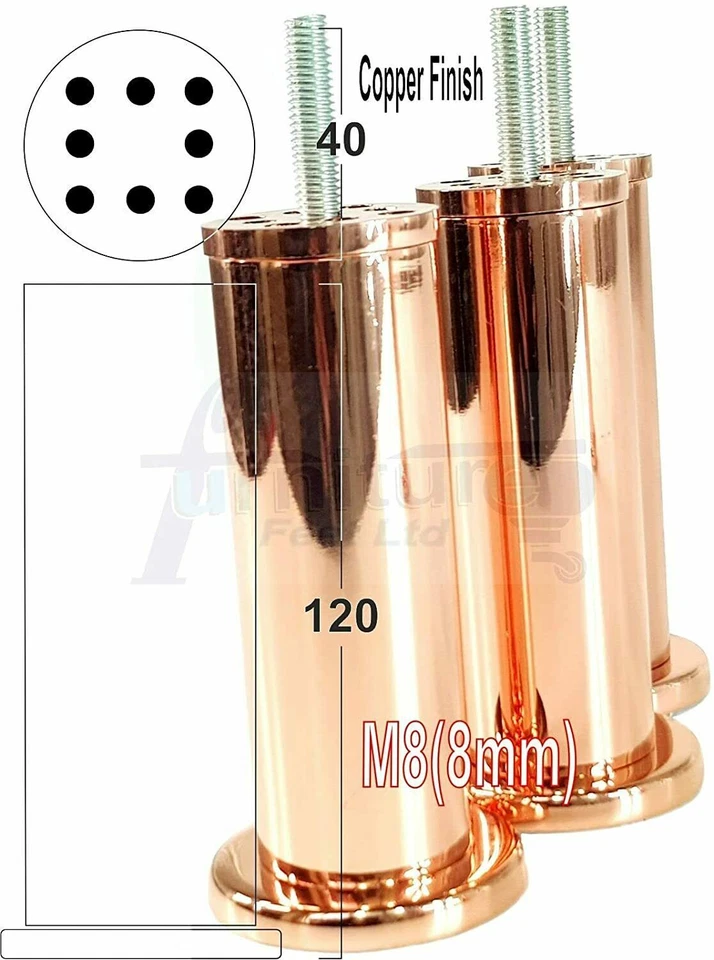 4 Round Tube Rose Gold Feet Metal Copper Furniture Legs 125mm High M8 - Image 1 of 1