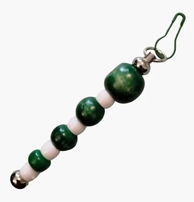 Beaded Bag Charm Zipper Pull Key Fob Green White Wooden Beads Metal Clip - Image 1 of 3