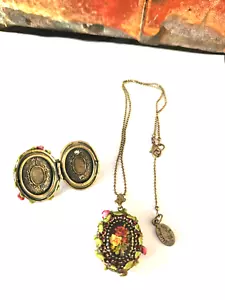 Michal Negrin große Kamee Medaillon Ring & 17" Halskette Rosen rot grün sw Kristalle - Bild 1 von 4