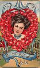 D62/Valentinstag Liebe Urlaub Postkarte 1912 hübsche Frau gold gefüttert 19