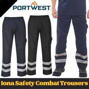 Portwest Hi-Vis Lona Safety Combat Work Trousers Elasticated Waist Knee Pad S917