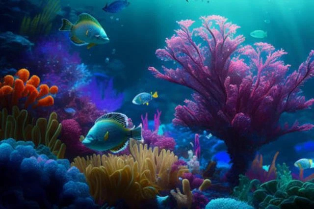 Wandbild: Buntes Korallenriff und Fische. Saubere Unterwasserweltszene. [...] - Bild 1 von 1