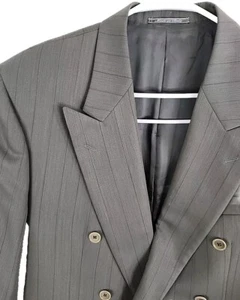 Lubiam Mens Virgin Wool Greenish Gray Double Breasted Suit Jacket 44R Lee Newman - Picture 1 of 13