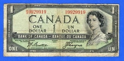 CANADA $1 1954 BC-29a / P-66a  QE II Circulated DEVIL'S FACE 👿  R/A 9929919 - Image 1 of 3