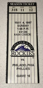 Phillies Rockies Coors Field Ticket Stub Larry Walker x 3 Hit & 4 RBI 5/4/1997 - Picture 1 of 2