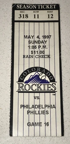 5/4/97 Phillies Rockies Coors Field Ticket Stub Larry Walker x 3 Hits + 4 RBI Cover