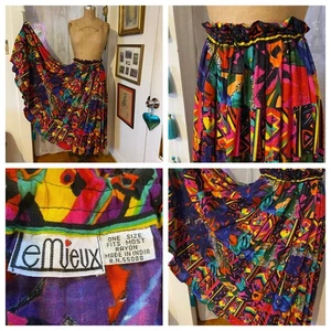 vtg 90s LE MIEUX Bold Abstract Maxi Drawstring Peasant Skirt India Y2K OS EUC - Picture 1 of 9