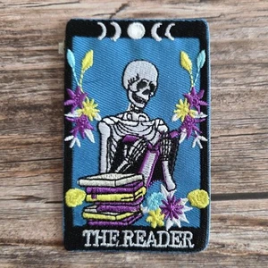 The Reader Skull Goth Tarot Deck Skeleton Witch Halloween Iron on Patch - Picture 1 of 2