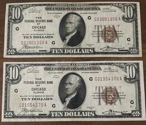 $10 1929 Chicago Illinois The Federal Reserve Bank Note XF/AU SET OF 2 - Picture 1 of 3