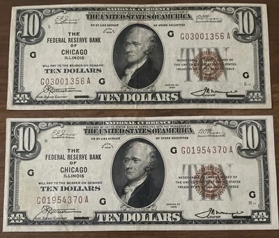$10 1929 Chicago Illinois The Federal Reserve Bank Note XF/AU SET OF 2 - Image 1 of 3