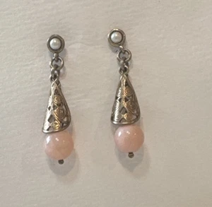 VINTAGE PINK TEAR DROP OPAL BALI EARRINGS. - Picture 1 of 4