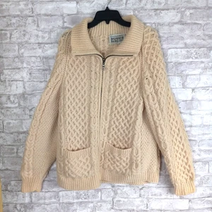 Suéter Aran Mercado Pescador Lana Suéter Grande Marfil Cremallera Completa Cable Tejido Pesado - Imagen 1 de 10