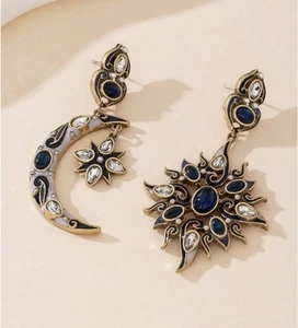 Moon Sun Star Earrings Art Mismatch Gold Court Deco Museum VTG Celestial Palace - Picture 1 of 7