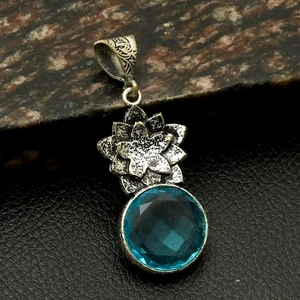 Blue Topaz Gemstone Handmade Flower Pendant Jewelry Gift For Women 1.8" AP-28526 - Picture 1 of 1