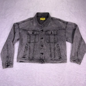 Womens XL Denim Jacket Acid Wash/Faded Black Pockets Button Up Bomber Biker - Picture 1 of 9