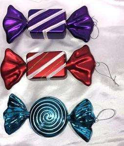 Christmas 3 Large Candy Shaped Ornaments Red Purple Aqua Blue 7 inches - Picture 1 of 5