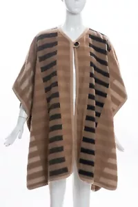 $2495 ESCADA Caramel Camel Mixed-Tone Striped Bar Print Blanket Cape Poncho S GC - Picture 1 of 7