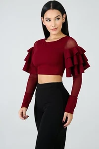 Women Burgundy Short Blouse w/Mesh Ruffles Sleeves Round Neckline. Size Medium. - Picture 1 of 3