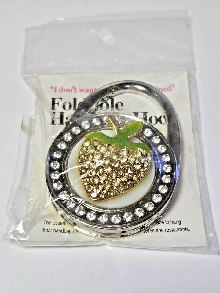 Vintage Silver Tone W/ Gold Tone Strawberry Purse/Scarf/Bag Holder Hook Foldable Foto 1 de 4