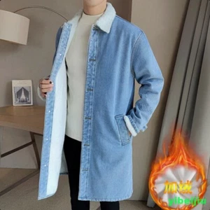Men's Winter Denim Jeans Berber Fleece Fur Jacket Mid Long Coats Single Breasted - Picture 1 of 5