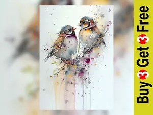 "Graceful Spatzen - Aquarell Maldruck 5""x7" - Bild 1 von 10
