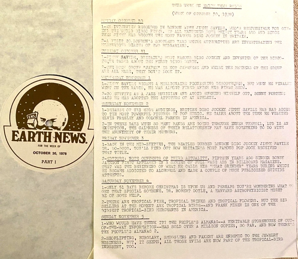 10/30/78 EARTH NEWS RADIO EXTENDED INTERVIEWS w/LONDON DJ JIMMY SAVILLE (5) - Image 1 of 1
