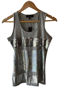Pink Rose Size S Heather Gray Silver Sequin Sleeveless T-Shirt Tank Top - New - Picture 1 of 7