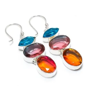 Bi-Color Tourmaline, Topaz Gemstone 925 Sterling Silver Jewelry Earring 2.09 " - Picture 1 of 3