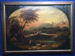 Pintura al óleo ingenua inglesa del siglo XIX a bordo pastoreo de ovejas victoriana - Imagen 1 de 11