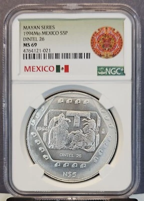 1994 MEXICO SILVER 5 PESOS S5P MAYAN SERIES DINTEL 26 NGC MS 69 SCARCE GEM - Image 1 of 3
