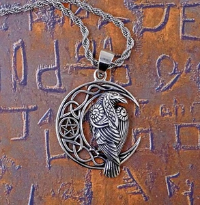 Mystic Raven Pentagram Moon Pendant Necklace Sterling Silver Wiccan Pagan Boho - Picture 1 of 3